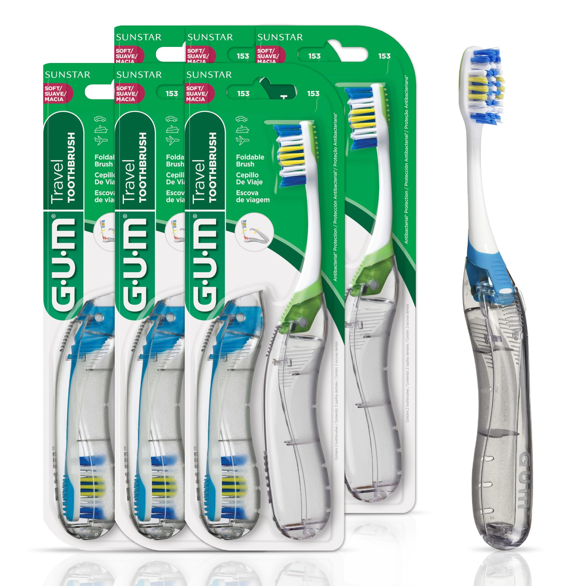GUM Folding Travel Toothbrush Pack of 6 with Compact Head and Tongue Cleaner Soft Bristles Ideal for Adults