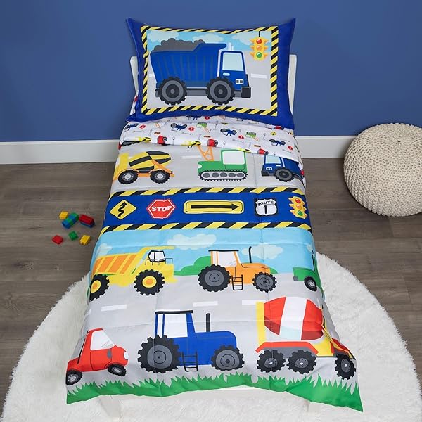 Baby Boom Baby Boom Funhouse Construction Area Toddler Bedding Set 4 Piece Trucks Comforter Sheet Set Reversible Pillowcase for Boys Blue