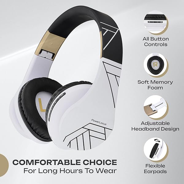 PowerLocus PowerLocus Bluetooth Over-Ear Headphones: Wireless, Foldable, Built-in Mic & FM for iPhone, Samsung, iPad, PC - Black/White - View 3 of 10