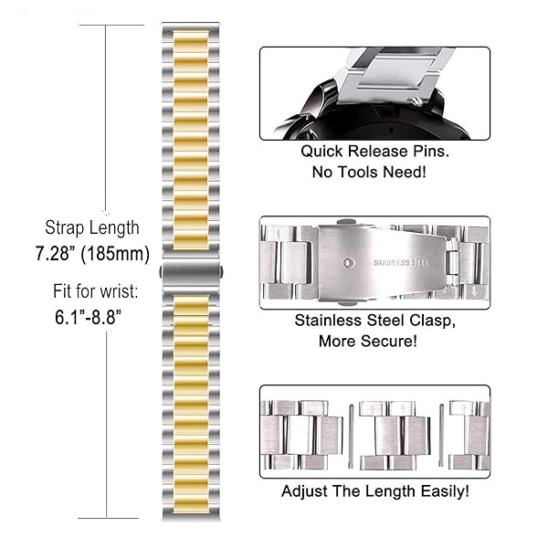 SPINYE SPINYE 22mm Stainless Steel Band for Samsung Gear S3 & Galaxy Watch 46mm/3 - Stylish Silver-Gold Replacement Strap for Men & Women - View 8 of 8