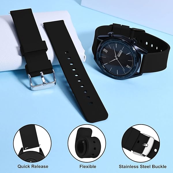 WOCCI WOCCI 18mm Silicone Watch Band Quick Release Rubber Replacement Strap with Silver Buckle Black - View 3 of 9