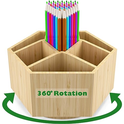 Houtingmaan Bamboo Art Supply Organizer for Back to School Holds 350 Pencils Rotating Desktop Storage Caddy for Classroom and Art Studio