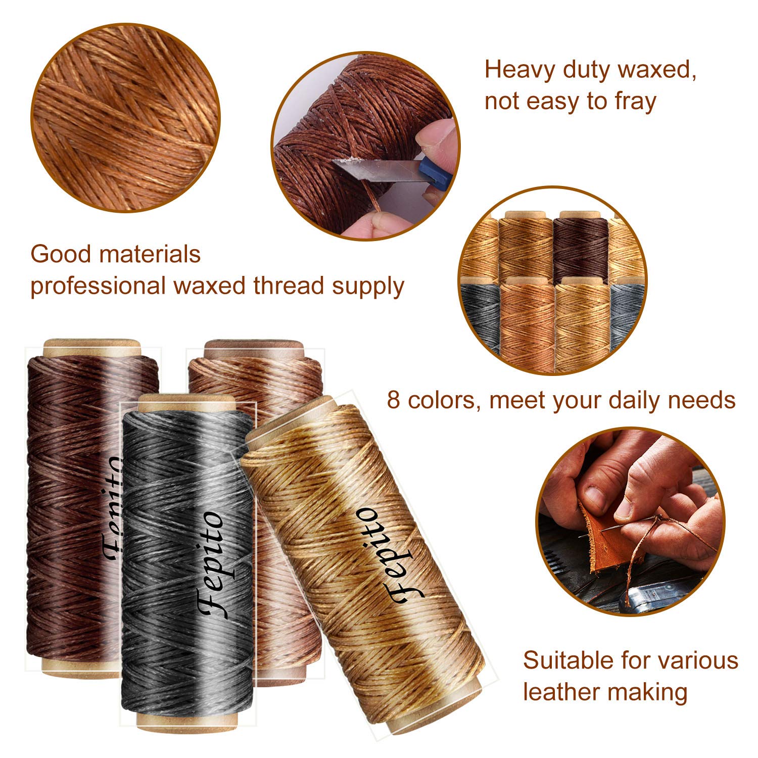 FEPITO FEPITO 21pcs Leather Waxed Thread Kit 8 Colors 264 Yards 150D for DIY Sewing Craft with Leather Hand Tools - View 3 of 7