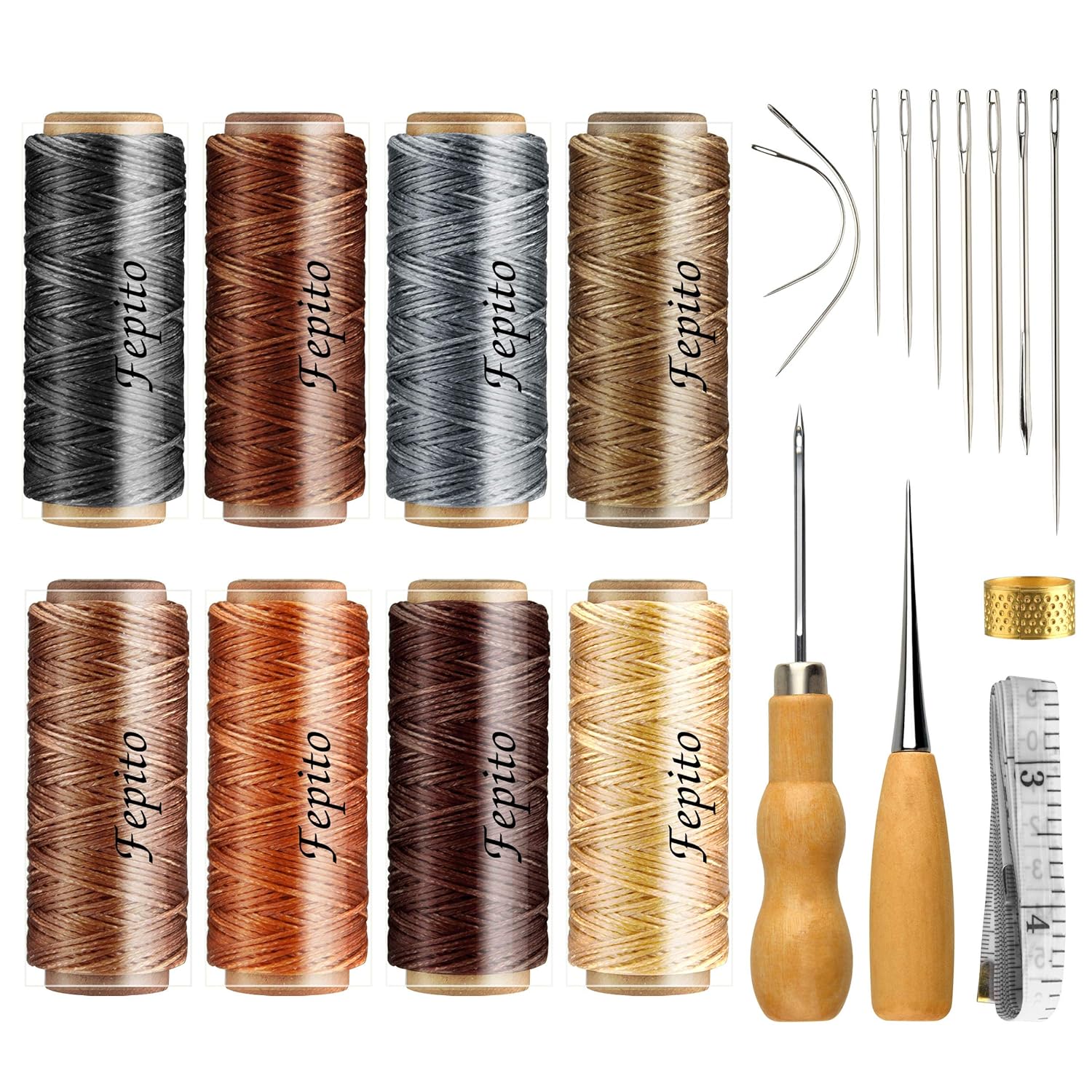FEPITO FEPITO 21pcs Leather Waxed Thread Kit 8 Colors 264 Yards 150D for DIY Sewing Craft with Leather Hand Tools