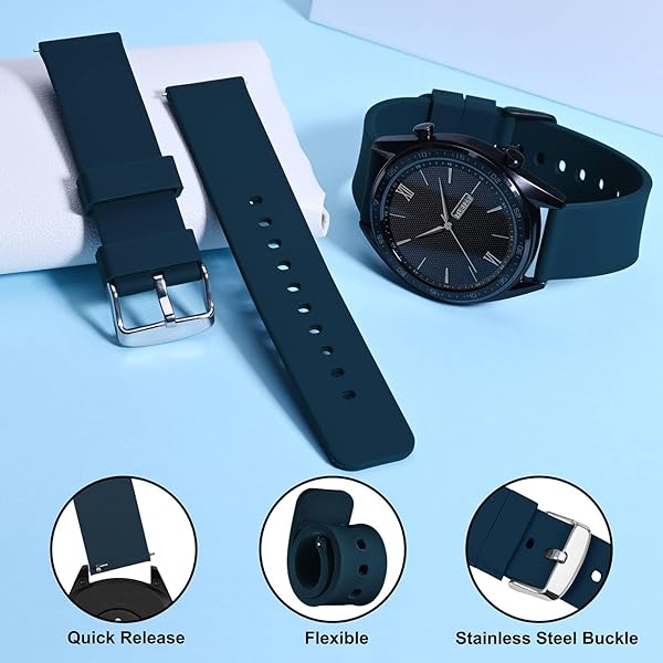 WOCCI WOCCI 20mm Silicone Watch Band Quick Release Rubber Strap with Silver Buckle Navy Blue - View 3 of 9