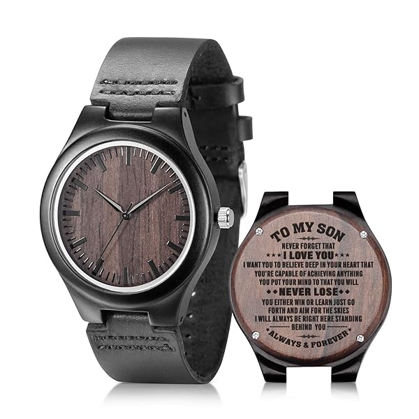 UMIPHIMAT UMIPHIMAT Engraved Watch for Son Black Leather Strap Handmade Ebony Wood Custom Gift for Birthday Graduation