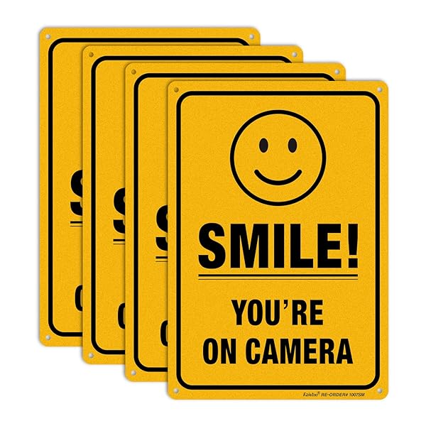 4 Pack Smile You're on Camera Signs - 10x7 Heavy Duty Aluminum for Indoor/Outdoor CCTV Security