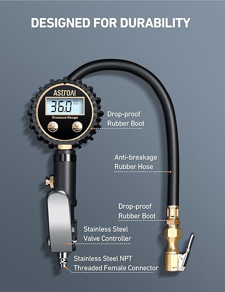 AstroAI AstroAI Digital Tire Pressure Gauge & Inflator: Heavy Duty Air Chuck, 3-250 PSI, Quick Connect for Easy Use - View 5 of 7