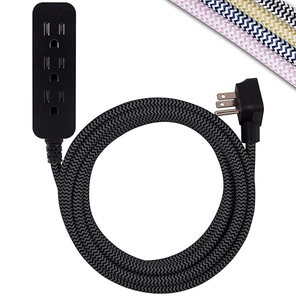 Cordinate Heavy-Duty 10 Ft 3-Outlet Power Strip & Braided Extension Cord - Indoor/Outdoor, ETL-Listed, 16 Gauge, Flat Design