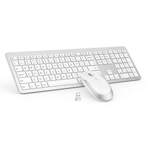 seenda Wireless Keyboard and Mouse Combo - Slim Full Size with Numeric Keypad & 2.4G Connection (White & Silver)