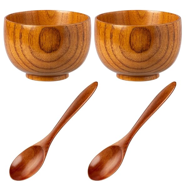 NUOMI NUOMI Wooden Bowls Set 2 Pieces Small Bowls with Spoons for Dessert Snacks Soup Tableware Ideal for Home Dining
