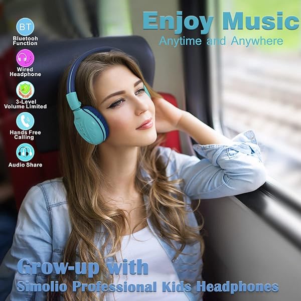 SIMOLIO SIMOLIO Kids Bluetooth Headphones Wireless Over Ear Adjustable Volume Safe for Children Travel Tablet Airplane Blue - View 4 of 7