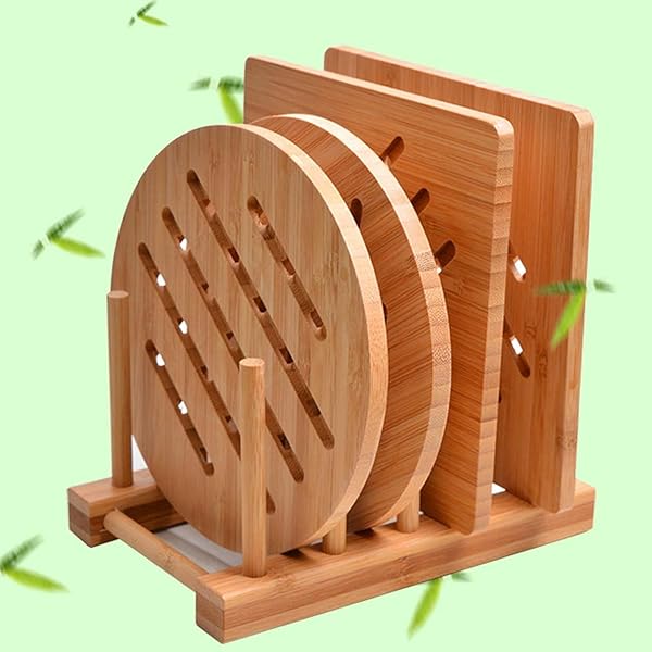 Garkup Natural Bamboo Trivet Set: 2 Square & 2 Round Hot Pads with Storage Rack for Pots, Bowls & Teapots