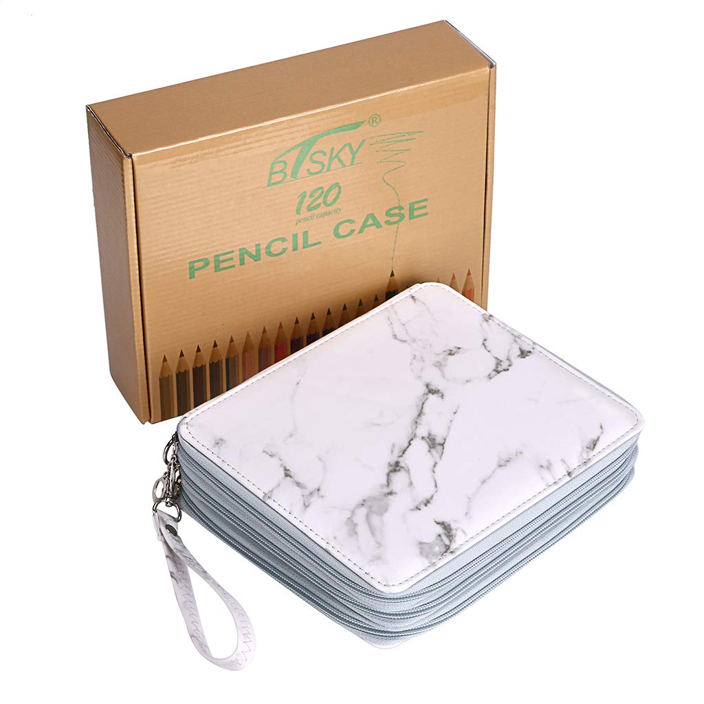 BTSKY BTSKY Deluxe PU Leather Pencil Case 120 Slot Holder with Handle for Colored Pencils Large White Marble - View 7 of 8
