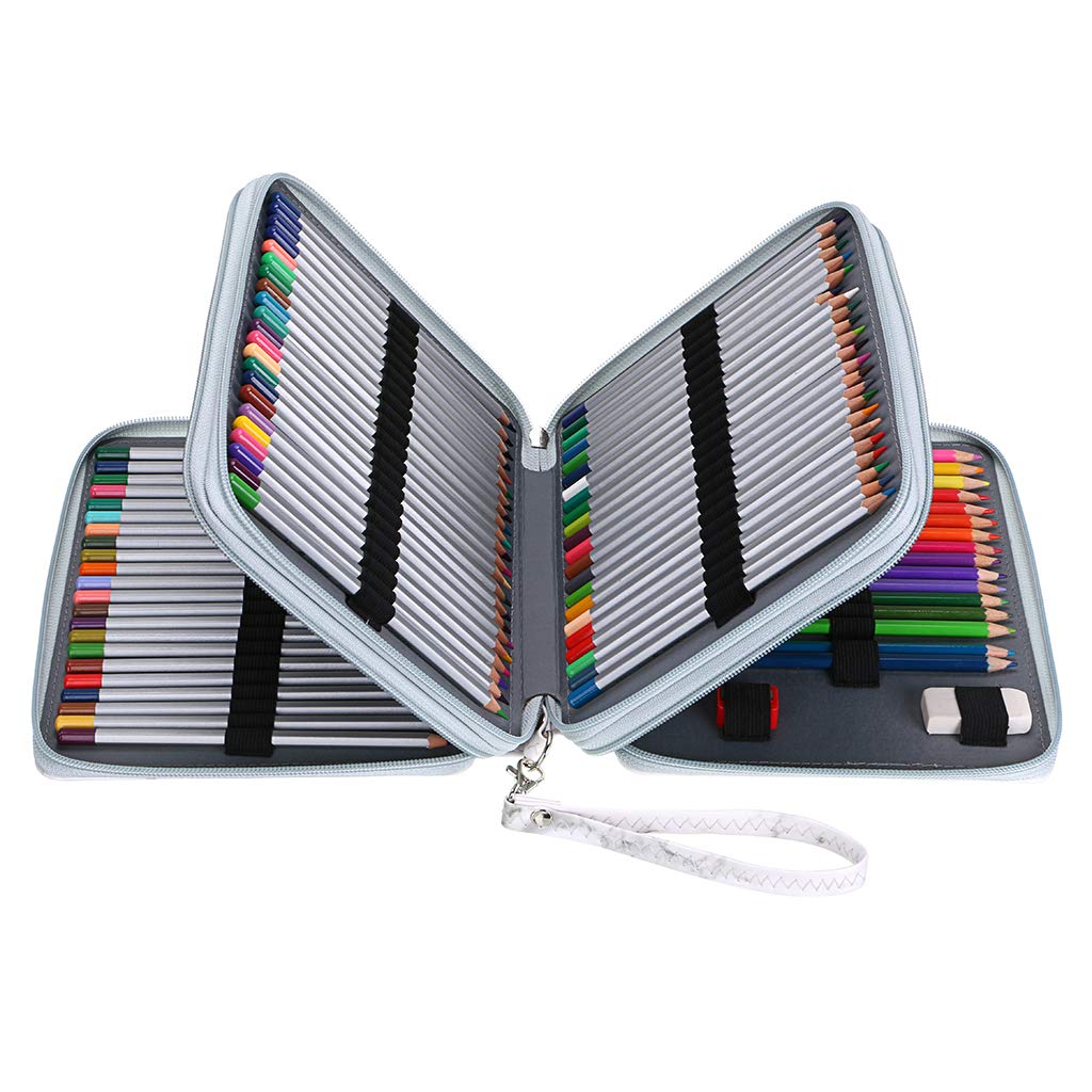 BTSKY Deluxe PU Leather Pencil Case 120 Slot Holder with Handle for Colored Pencils Large White Marble