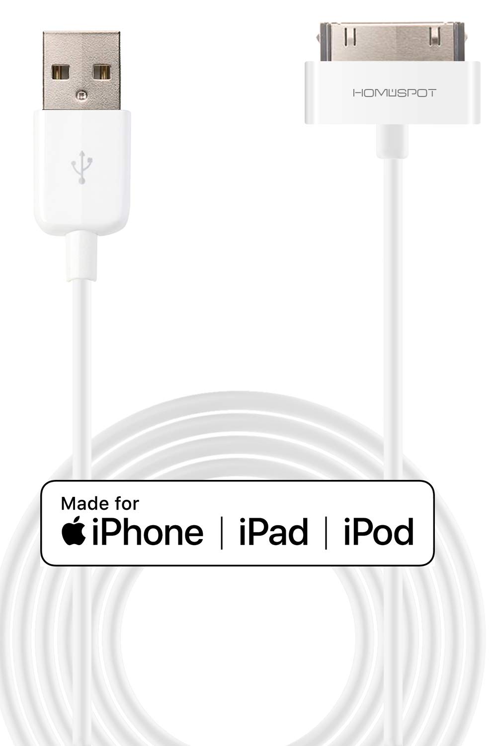 HomeSpot 6.6ft 30 Pin to USB Cable - Extra Long Charging for iPhone 4/4s, iPad 1/2/3, iPod - Compatible & Durable (White)