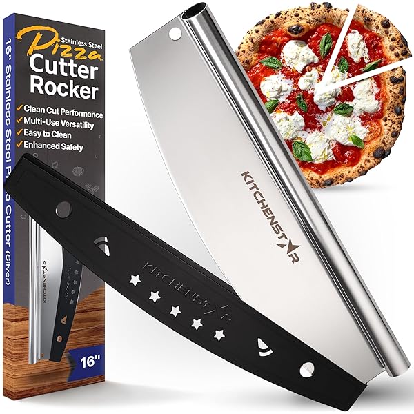 KitchenStar "16" KitchenStar Pizza Cutter Rocker Blade - Sharp Stainless Steel Slicer with Cover, Dishwasher Safe Pizza Tool"