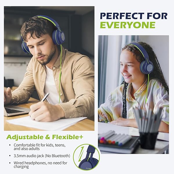 AILIHEN AILIHEN C8 Wired Headphones with Microphone and Volume Control for School Smartphones Laptops Tablets Airplane Travel Blue Green - View 2 of 6