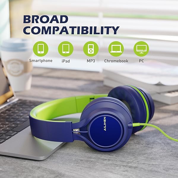 AILIHEN AILIHEN C8 Wired Headphones with Microphone and Volume Control for School Smartphones Laptops Tablets Airplane Travel Blue Green - View 4 of 6