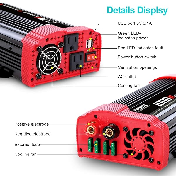 NDDI POWER Buy NDDI POWER 1000W Car Power Inverter - Dual AC Outlets & USB Fast Charging Adapter - View 4 of 8