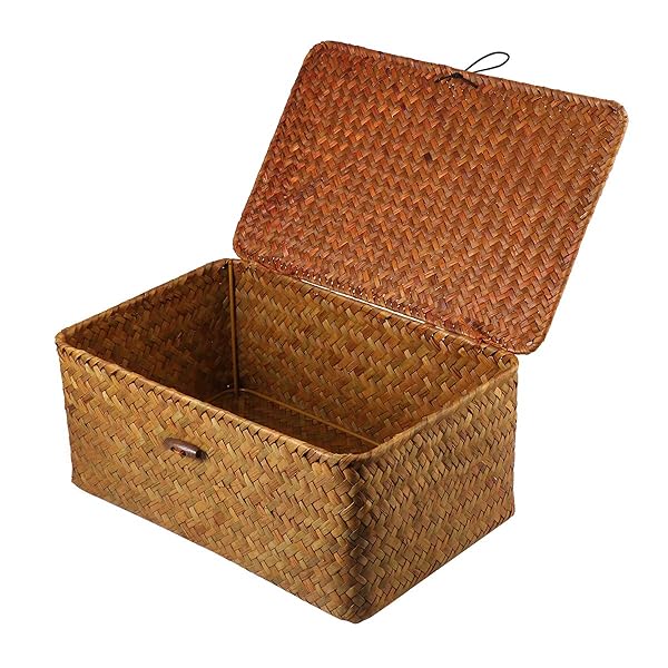 Hand Woven Seaweed Storage Basket with Button Closure - Stylish Desktop Organizer for Toys, Clothes & More