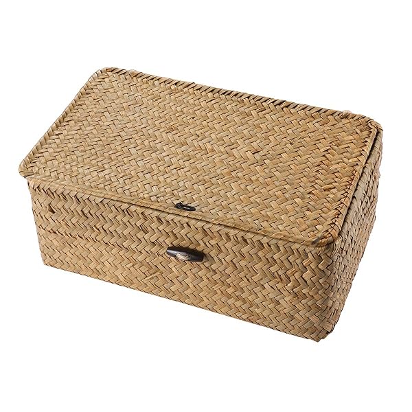 Rattan Storage Basket Makeup Organizer with Lid - Stylish 23x13x8cm Multipurpose Container
