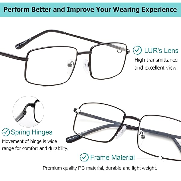 LUR Large Metal Reading Glasses for Men 3 Pack Black Stylish and Comfortable Readers - View 3 of 5