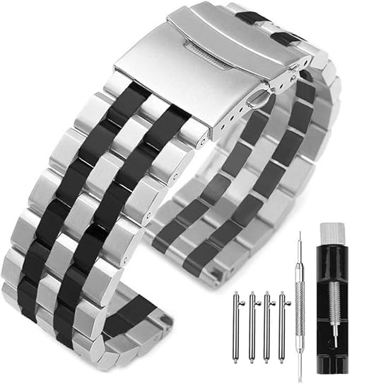 Kai Tian Brushed 22mm Stainless Steel Watch Band Replacement Silver and IP Black Metal Strap for Men and Women with Deployment Clasp