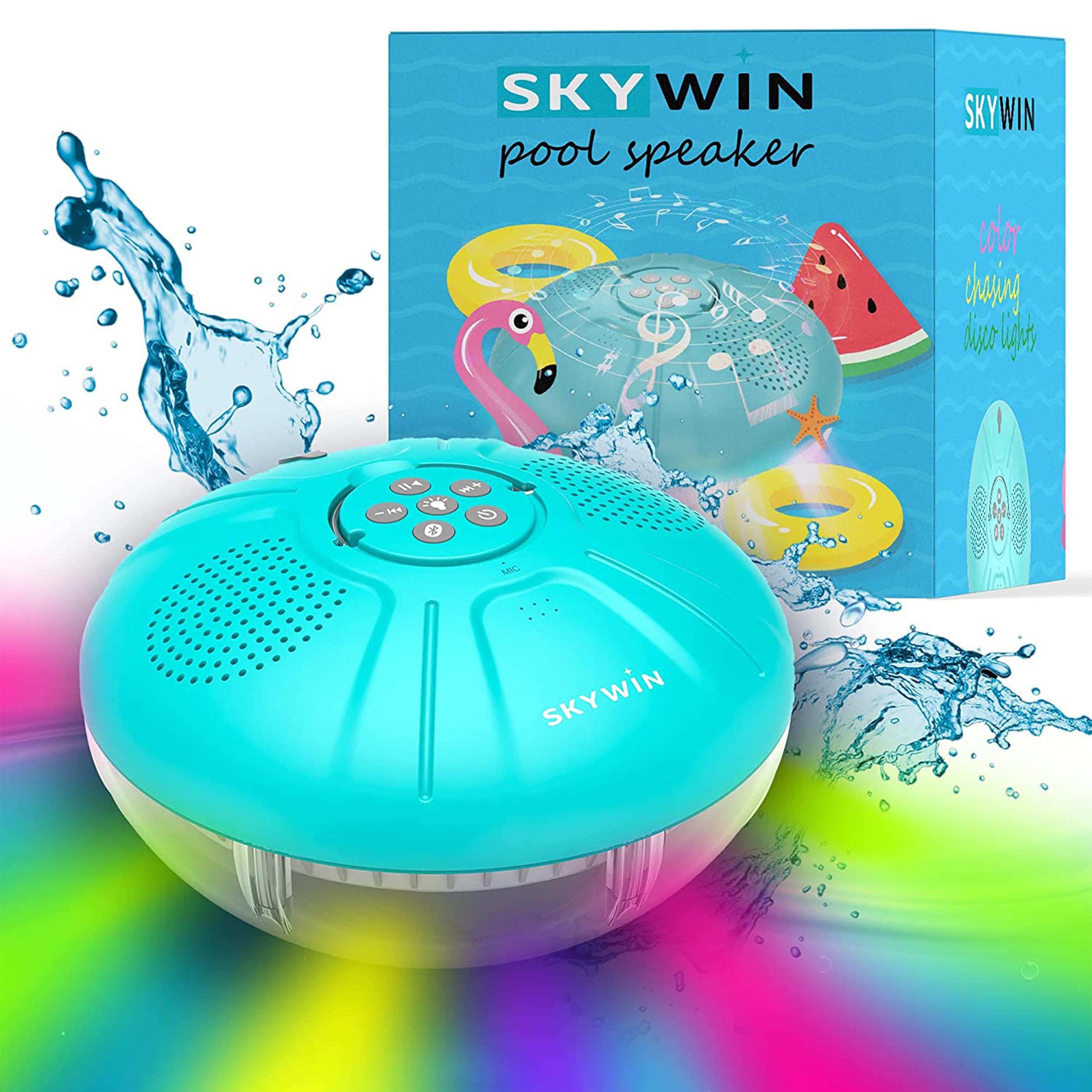 Skywin Floating Pool Speaker with Lights Water Resistant Wireless Hot Tub Accessories for Adults Inflatable Pool Lights