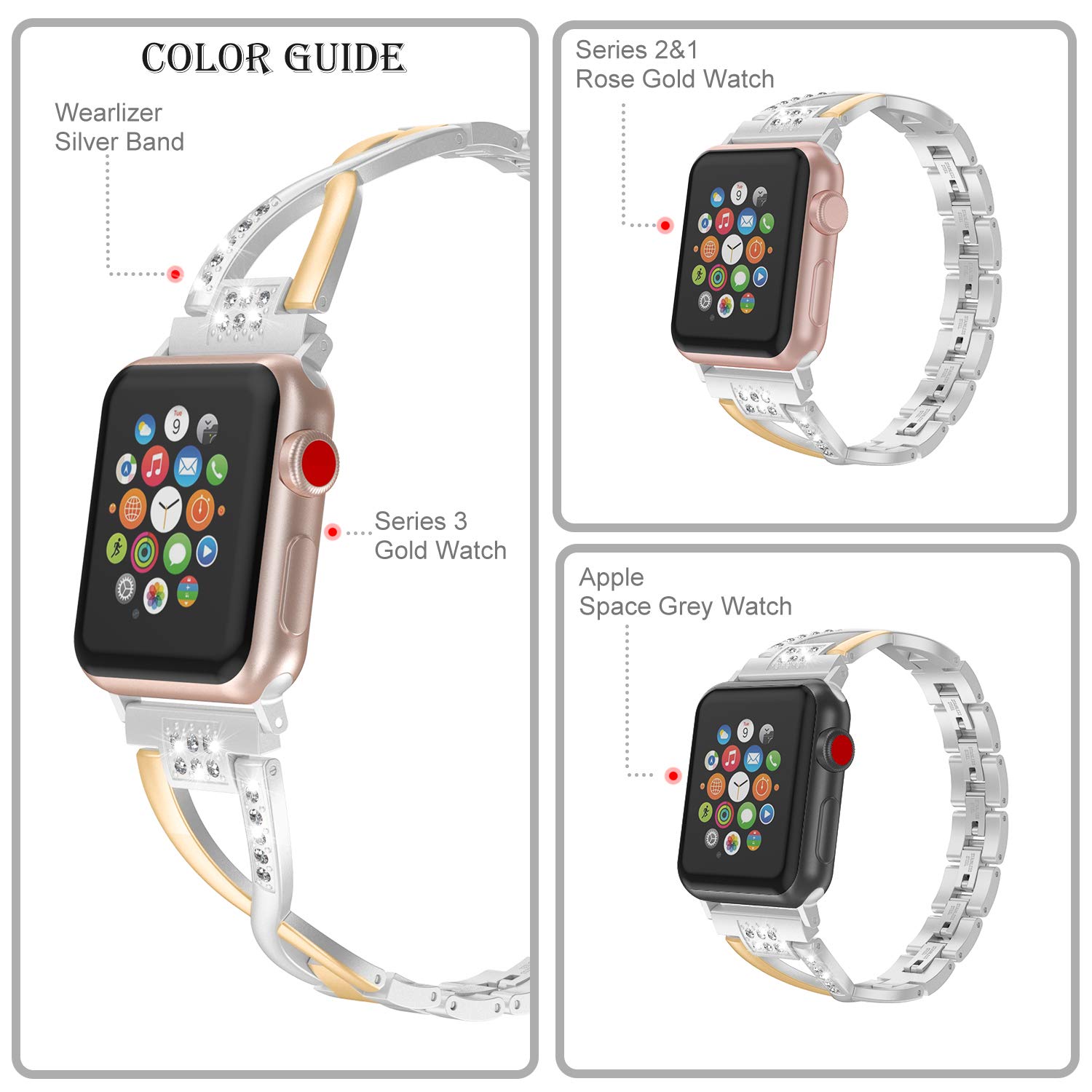 Wearlizer Bling Silver Band for iWatch 38mm 40mm 41mm Women's Deep Rose Gold X-link Rhinestone Sleek Wristband Bracelet Series 1 to 7 - View 3 of 7