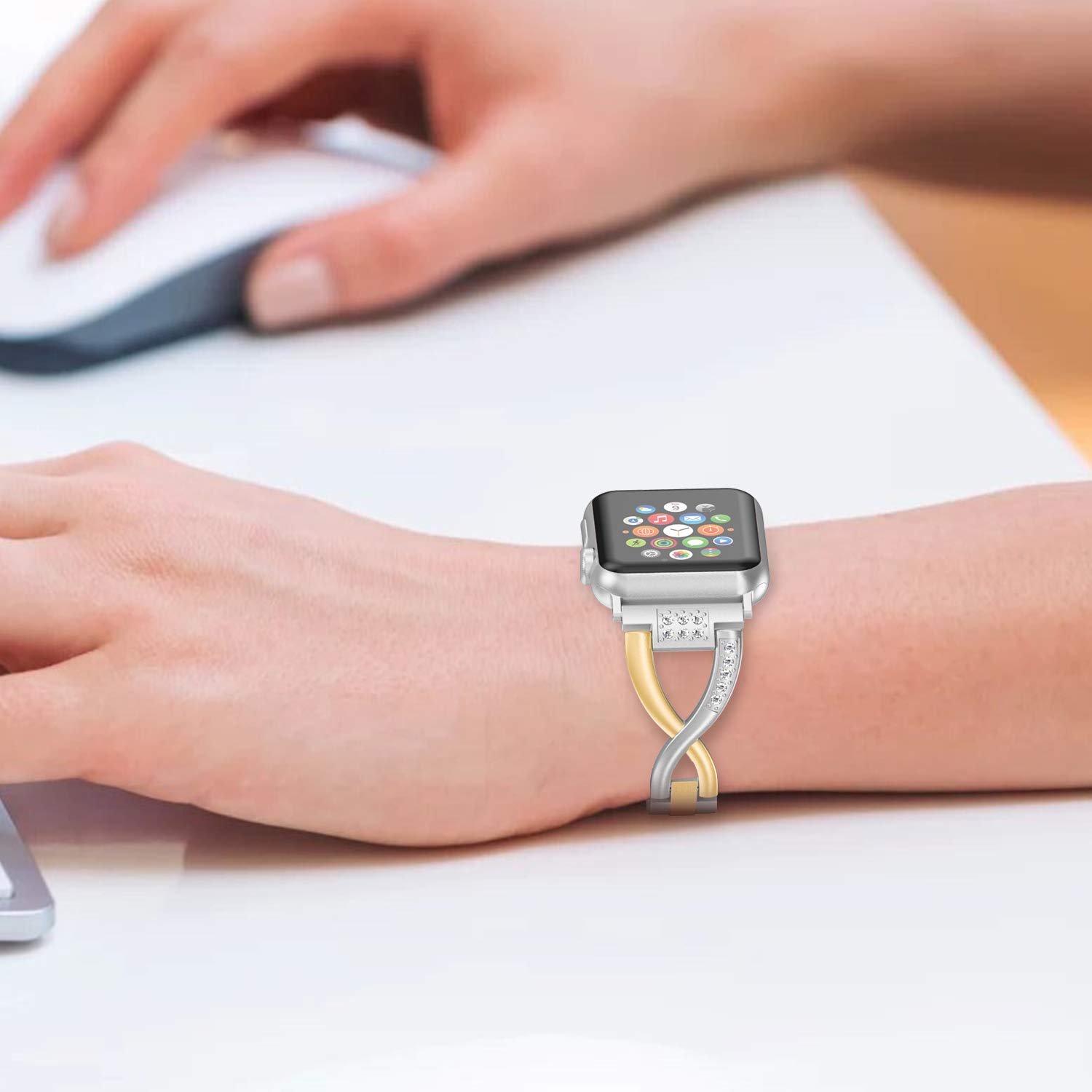 Wearlizer Bling Silver Band for iWatch 38mm 40mm 41mm Women's Deep Rose Gold X-link Rhinestone Sleek Wristband Bracelet Series 1 to 7 - View 4 of 7