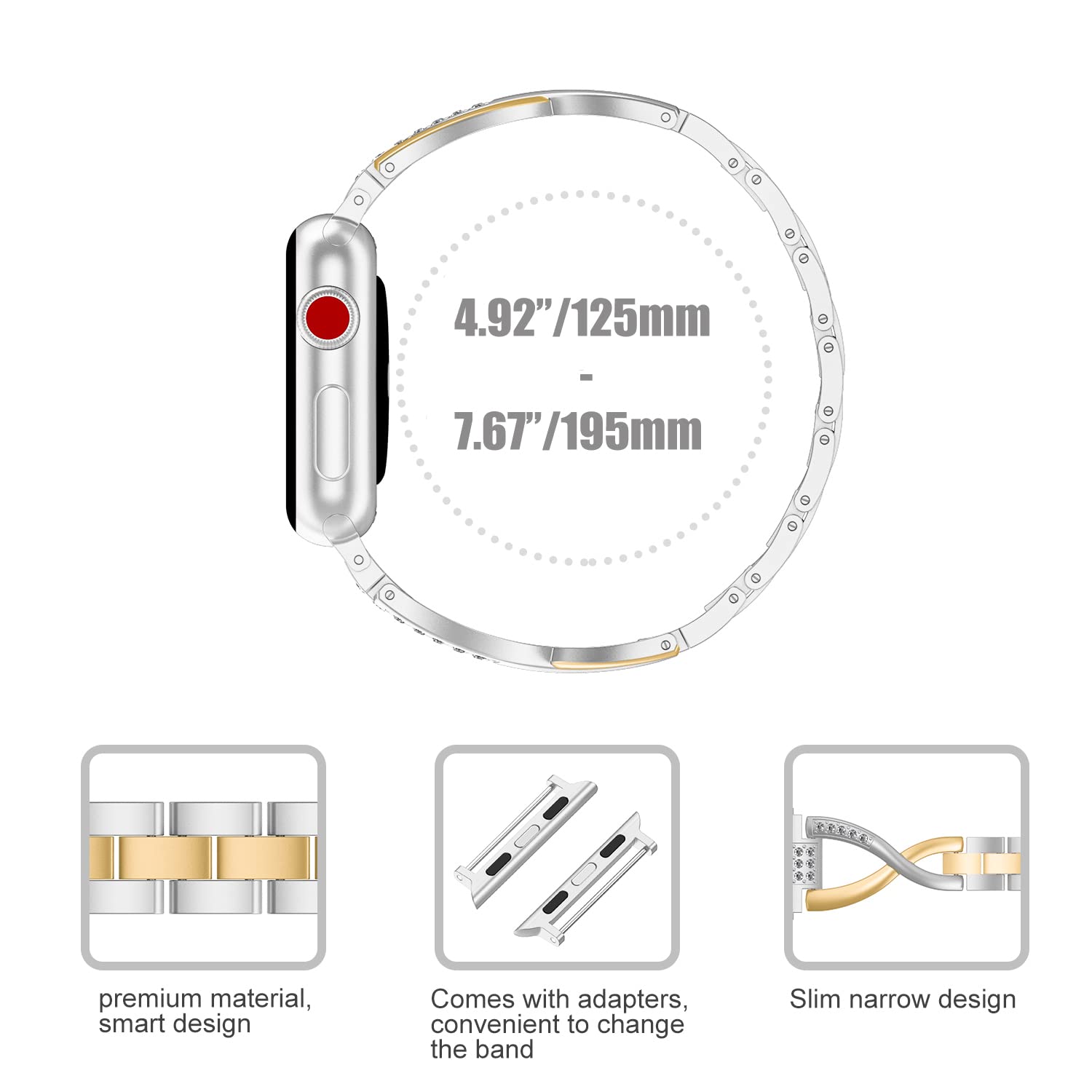 Wearlizer Bling Silver Band for iWatch 38mm 40mm 41mm Women's Deep Rose Gold X-link Rhinestone Sleek Wristband Bracelet Series 1 to 7 - View 7 of 7