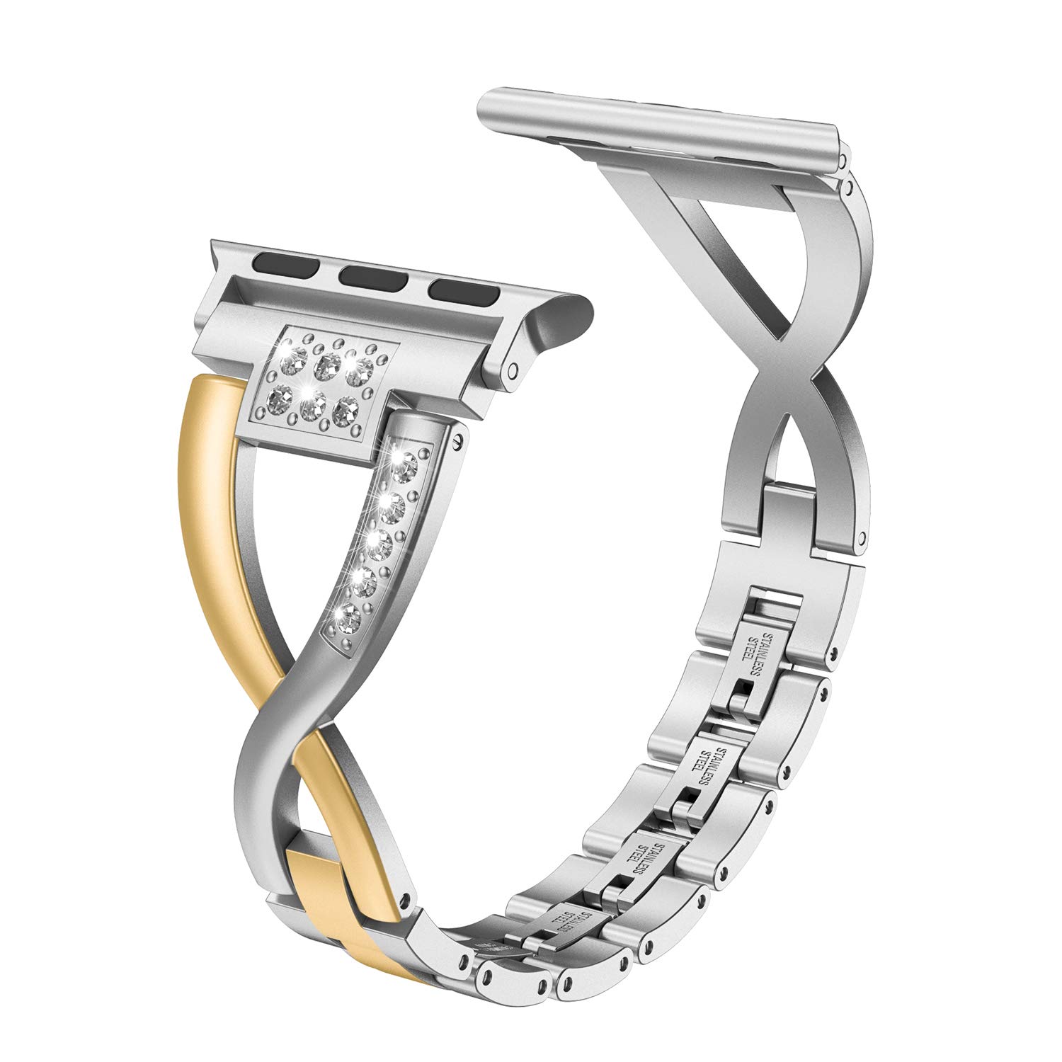 Wearlizer Bling Silver Band for iWatch 38mm 40mm 41mm Women's Deep Rose Gold X-link Rhinestone Sleek Wristband Bracelet Series 1 to 7