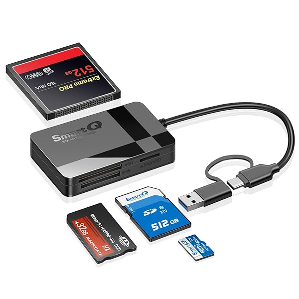 SmartQ 4-in-1 SD Card Reader: USB-C & USB 3.0 Adapter for Simultaneous SD, MS, CF, TF & Micro SD Card Access on Desktops & Smartphones