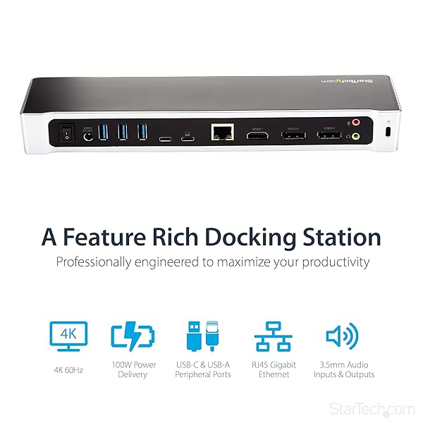 StarTech.com StarTech.com 4K USB-C Dock Triple UHD Monitor Docking Station for Mac and Windows with HDMI DisplayPort 100W PD and 5 USB 5Gbps Hub - View 3 of 7