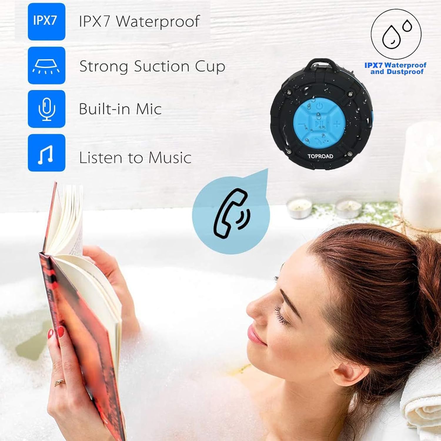 TOPROAD Portable Shower Speaker IPX7 Waterproof Wireless Outdoor Speaker with HD Sound and Suction Cups for Bathroom Pool Beach Hiking and Bicycle - View 4 of 8