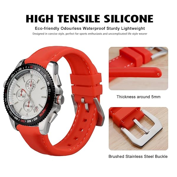 WOCCI WOCCI 18mm Red Silicone Rubber Watch Band with Silver Buckle Durable and Stylish Replacement Strap - View 2 of 9