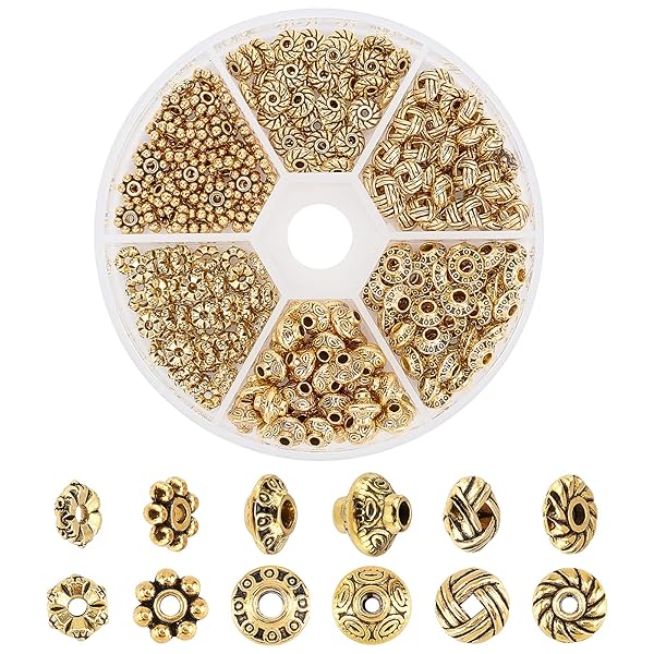 PH PandaHall PH PandaHall 300pcs Antique Golden Tibetan Metal Spacer Beads for Jewelry Making 6 Styles 5.5-6.5mm Ideal for Bracelets and Necklaces