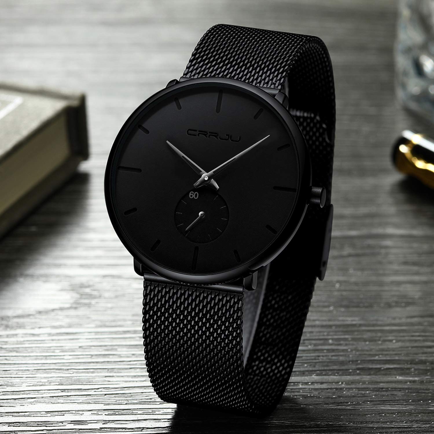 FIZILI Mens Ultra-thin Minimalist Waterproof Watch Fashion Wrist Watch for Men Unisex with Stainless Steel Mesh Band Black Hands - View 3 of 7