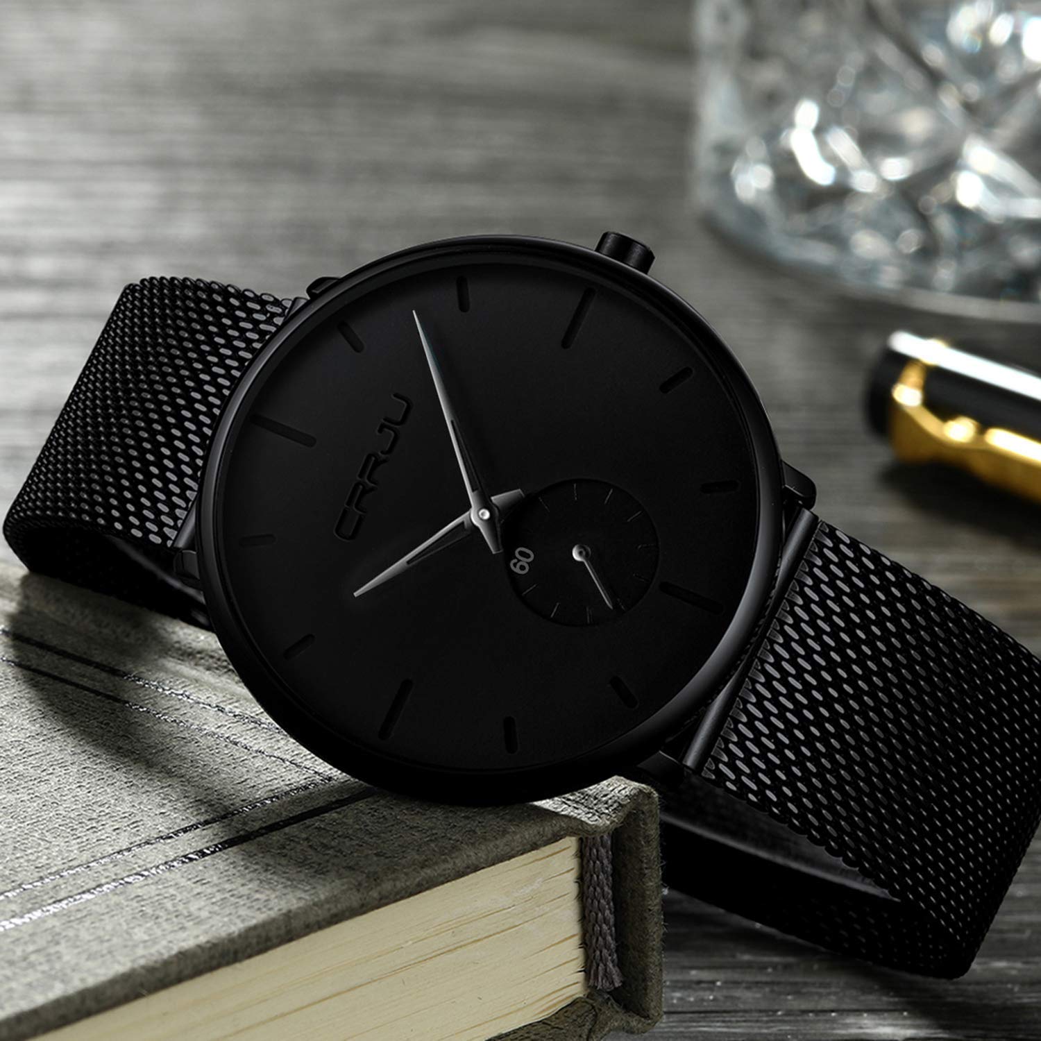 FIZILI Mens Ultra-thin Minimalist Waterproof Watch Fashion Wrist Watch for Men Unisex with Stainless Steel Mesh Band Black Hands - View 4 of 7