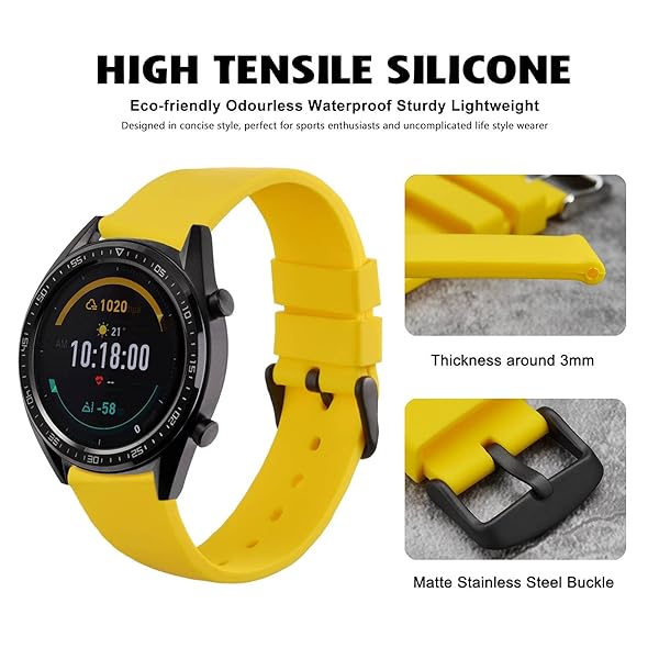 WOCCI WOCCI 20mm Yellow Silicone Rubber Watch Bands Premium Replacement Straps with Black Buckle - View 2 of 9