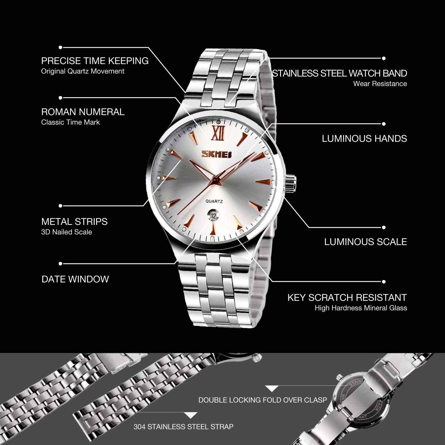 cofuo Cofuo Mens Watch Unique Quartz Analog Dress Business Casual Waterproof Stainless Steel Band Roman Numeral Classic Calendar Date Window Rose Gold - View 3 of 8
