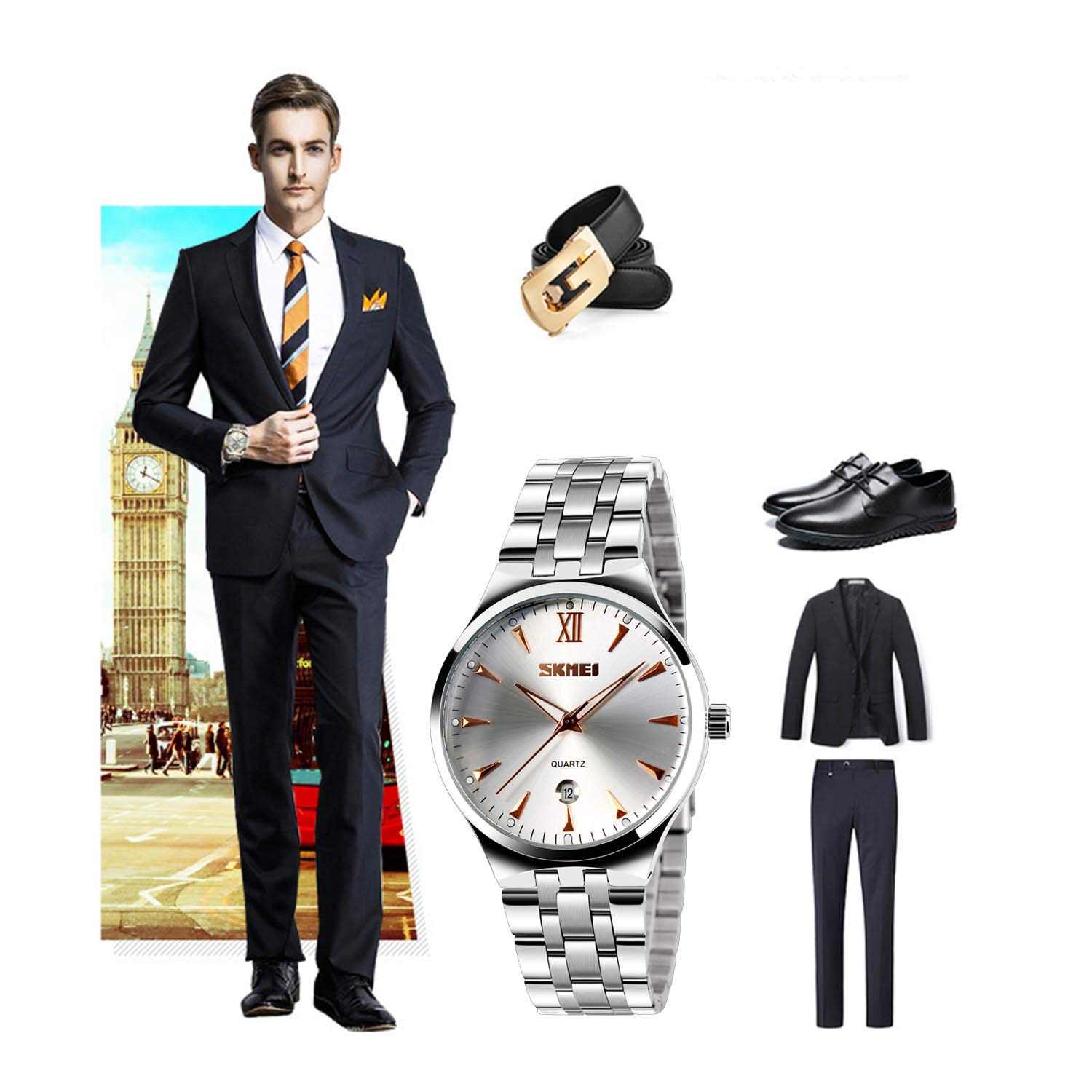 cofuo Cofuo Mens Watch Unique Quartz Analog Dress Business Casual Waterproof Stainless Steel Band Roman Numeral Classic Calendar Date Window Rose Gold - View 7 of 8