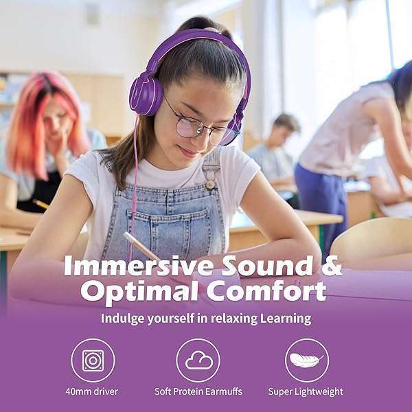 AILIHEN AILIHEN I35 Kids Headphones: Safe 93dB Volume, HD Mic, Foldable Design for School & Tablets (Pink Purple) - View 4 of 8