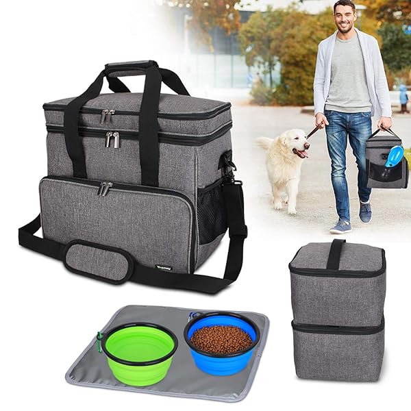 Teamoy Teamoy Double Layer Dog Travel Bag with Collapsible Bowls and Food Carriers for Pet Supplies Weekend Organizer Large Gray