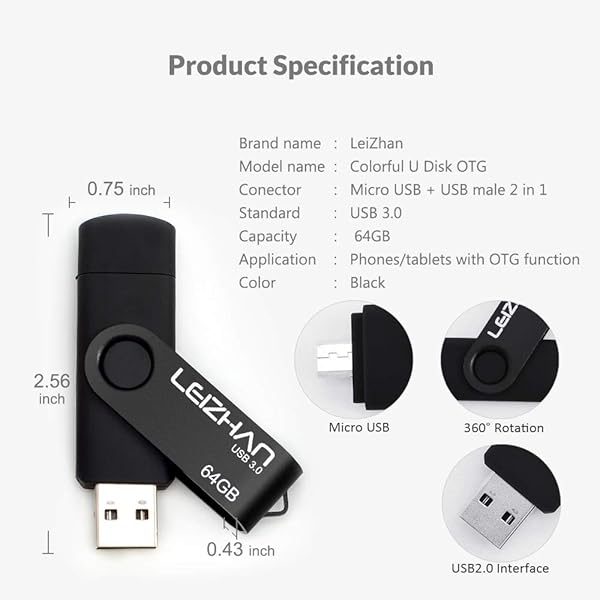 leizhan Leizhan 64GB OTG Micro USB Flash Drive for Samsung Galaxy & More - Fast Data Transfer, Compatible with Android Devices - View 7 of 7