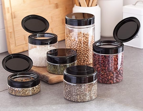 JUVITUS Clear PET Plastic Refillable Low Profile Jar 8 oz 12 Pack with Black Flip Top Cap and Spatulas BPA Free - View 7 of 7