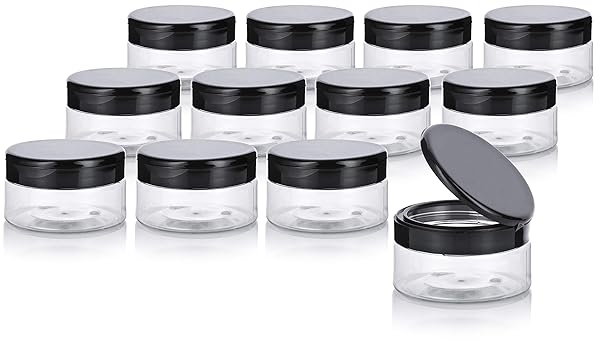 JUVITUS Clear PET Plastic Refillable Low Profile Jar 8 oz 12 Pack with Black Flip Top Cap and Spatulas BPA Free