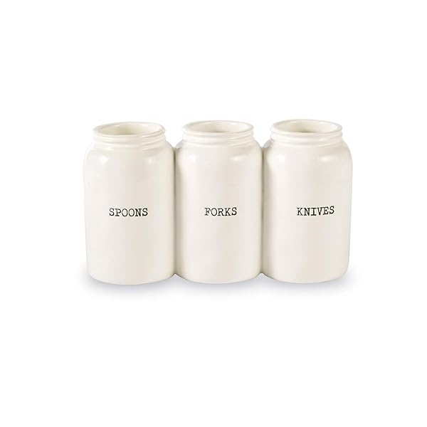 Mud Pie Shop Mud Pie Farmhouse Ceramic Triple Utensil Holder - Stylish Kitchen Organizer