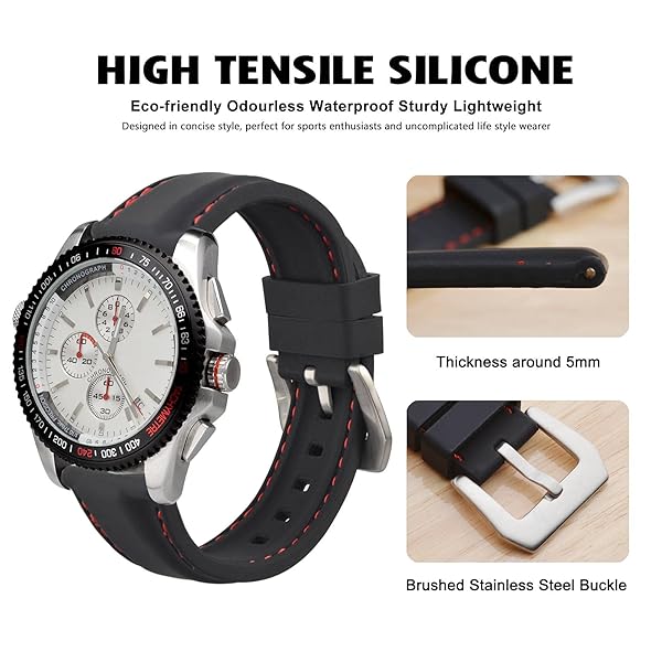 WOCCI WOCCI 18mm Silicone Rubber Watch Band with Silver Buckle Durable Black Strap for Men and Women - View 2 of 9